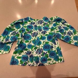 Women MILLE Cornflower Daisy Blue & Green Puffed Sleeves XL Blouse 100% Cotton